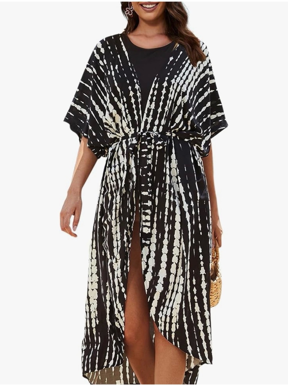 NWOT Black & White Tie-Dye Waist-Tie Swim Coverup Kimono XL